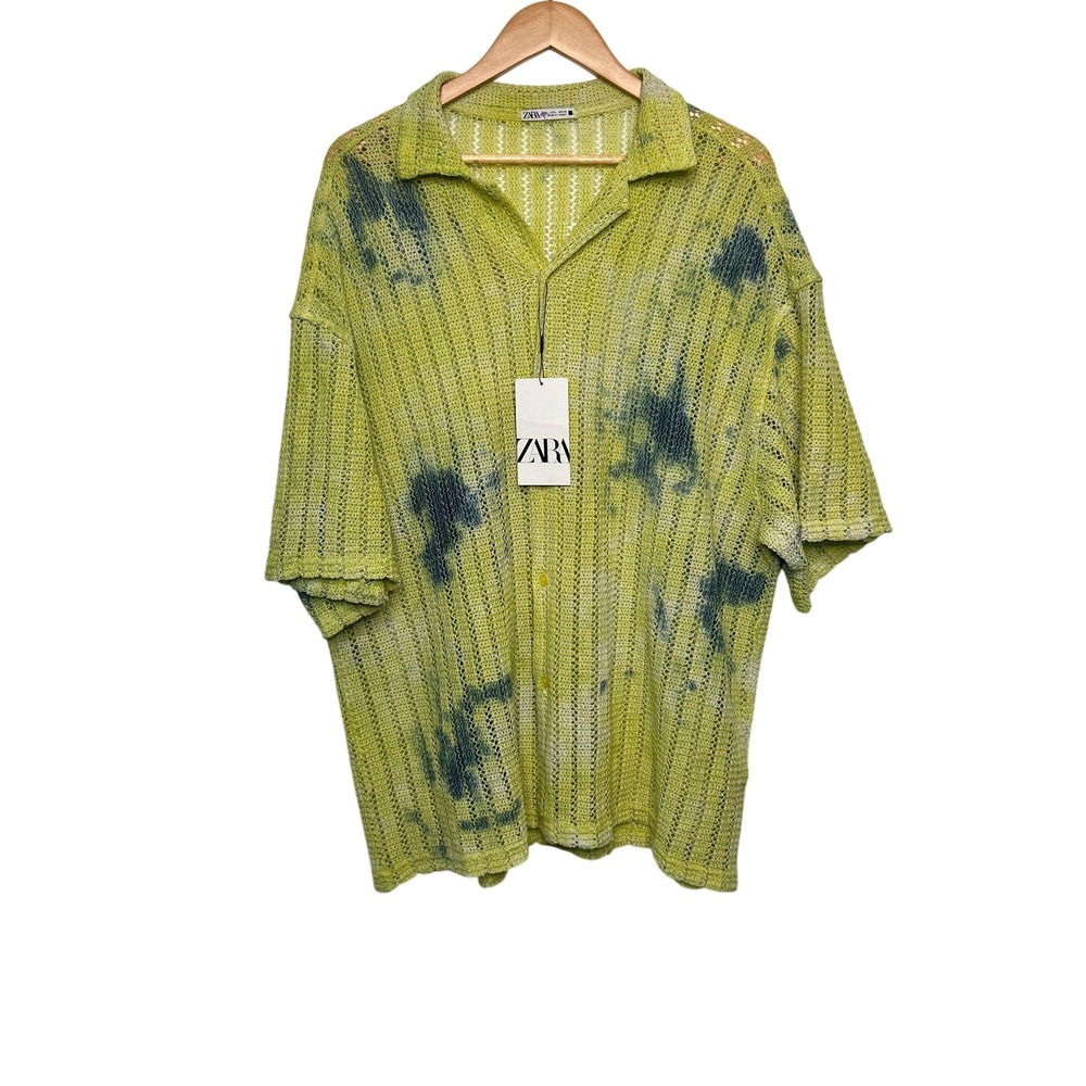 Zara NWT Men's Tie Dye Crochet Resort Shirt L Rare Camp Chartreuse Open Knit